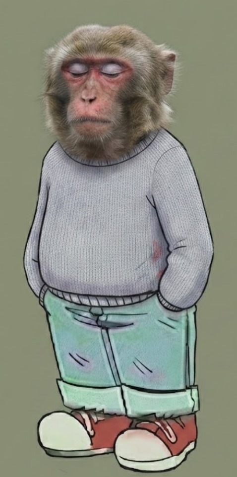 A small ape in an oversized knit sweater, rolled-up jeans and red sneakers, standing calmly with his hands in his pockets